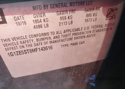 2017 Chevrolet Malibu 1Lt из США, поврежденный, VIN 1G1ZE5ST8HF143616